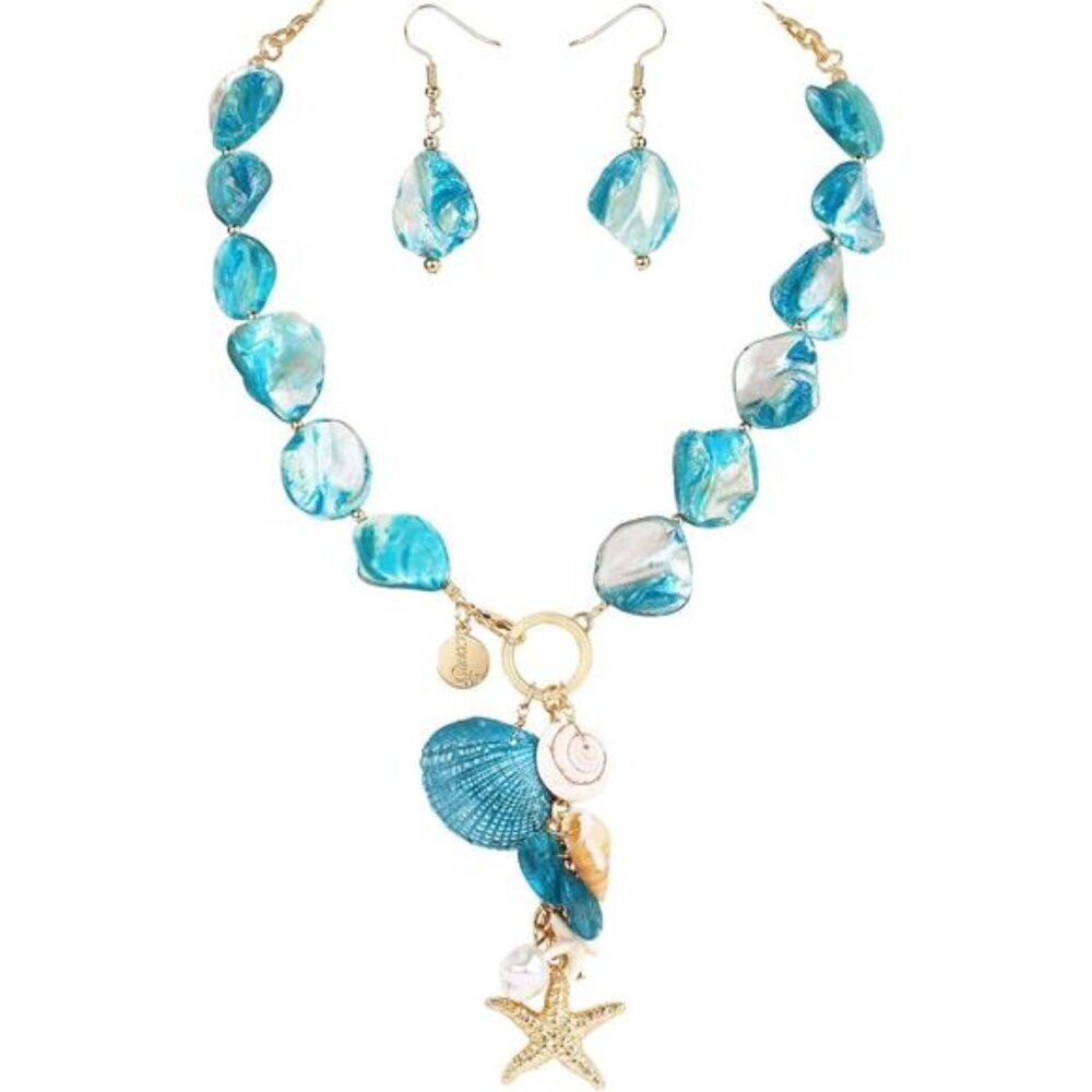 Turquoise Seashell Charm Necklace and Earrings Set – Boho Beach Jewelry